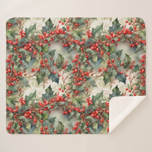  waterverf hulstbessen bladeren sherpa deken (Voorkant (horizontaal))