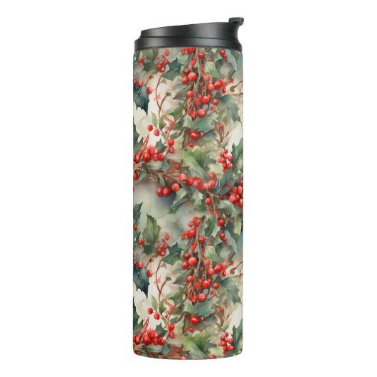  waterverf hulstbessen bladeren thermosbeker (Gedraaid links)