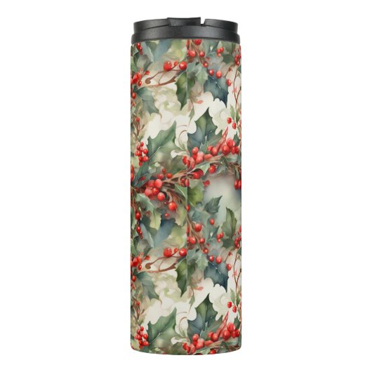  waterverf hulstbessen bladeren thermosbeker (Achterkant)