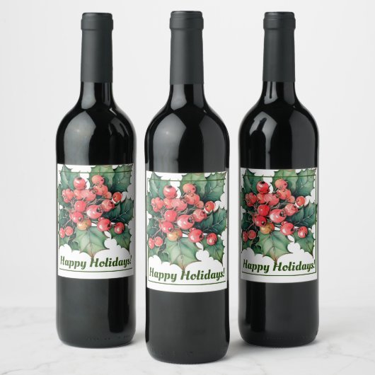 waterverf hulstbessen bladeren wijn etiket (Flessen)