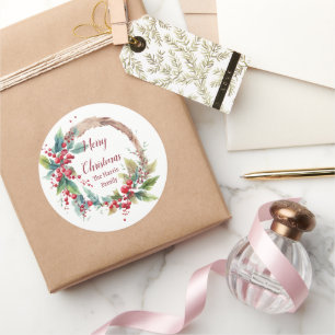 Waterverf hulstkrans gepersonaliseerd Kerstmis Ronde Sticker