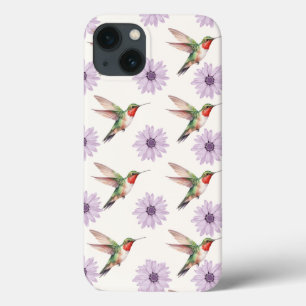 Waterverf Hummingbird & Paarse Daisy Pattern iPhone 13 Hoesje
