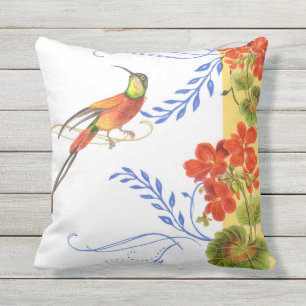 Waterverf Hummingbird Swirl Red Geranium Flowers Buitenkussen