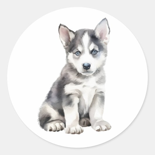 Waterverf Husky Dog Ronde Sticker (Voorkant)