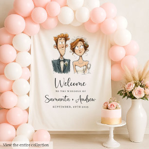 Waterverf Huwelijk Achtergrond Funny Bride and Gro Wandkleed