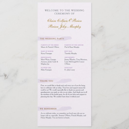 Waterverf huwelijksprogramma, Lavendel plat progra Programma (Achterkant)