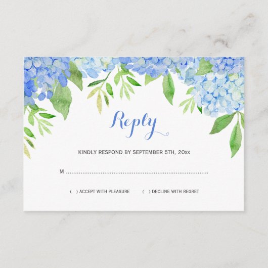 Waterverf Hydrangeas Blue Floral Wedding RSVP Informatiekaartje (Voorkant)
