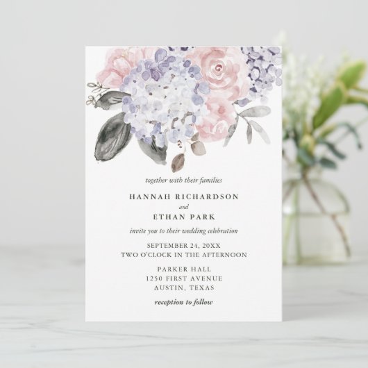  Waterverf Hydrangeas en Rozen | Weddenschap Kaart (Staand voorkant)