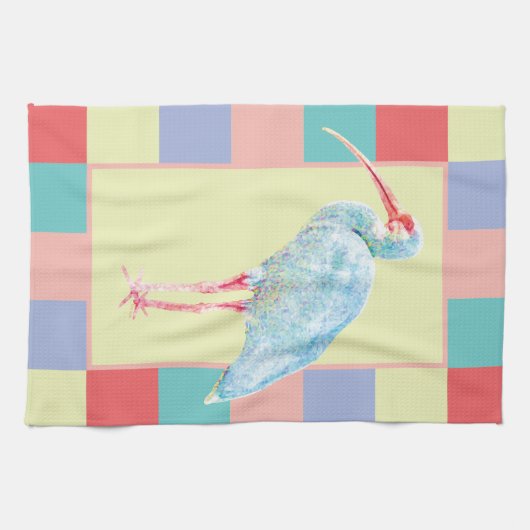 Waterverf Ibis Bird Checkerboard ontwerp Theedoek (Horizontaal)