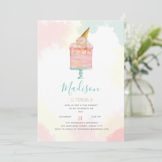Waterverf Ice Cream Cake Birthday Party Kaart (Staand voorkant)