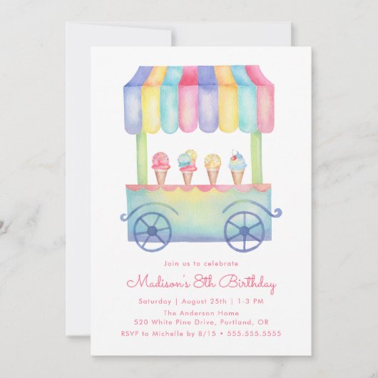 Waterverf Ice Cream Truck Birthday Party Kaart (Voorkant)