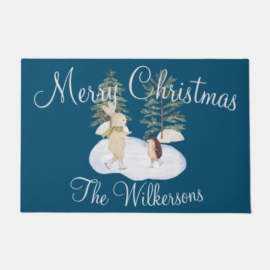 Waterverf Ice Skating Forest Animals op blauw Deurmat (Voorkant)