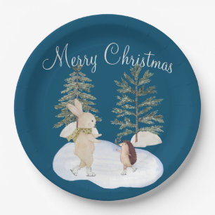 Waterverf Ice Skating Forest Animals op blauw Papieren Bordje