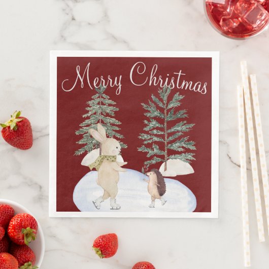 Waterverf Ice Skating Forest Animals op Bourgogne Servet (Insitu)