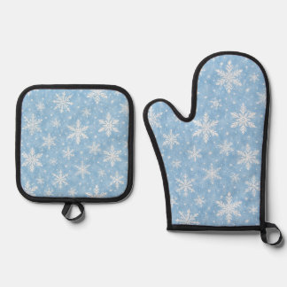 Waterverf Ijsblauw Sneeuwvlok Patroon Ovenwant & Pannenlap Set