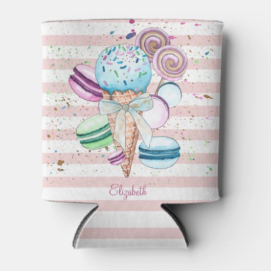 Waterverf ijscrème, macroonen, roze strips blikjeskoeler (Voorkant)