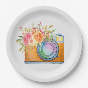 waterverf+illustratie, sinaasappel+camera, floral+ papieren bordje
