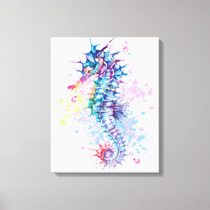 Waterverf illustratie van kleurrijk Seahorse Canvas Afdruk