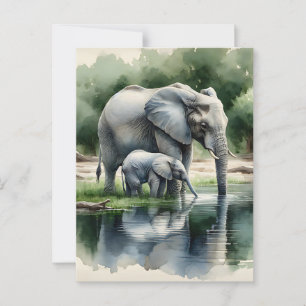 Waterverf illustratie van mama en Baby olifant Briefkaart