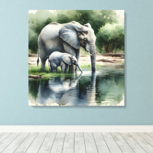 Waterverf illustratie van mama en Baby olifant Canvas Afdruk