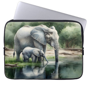 Waterverf illustratie van mama en Baby olifant Laptop Sleeve