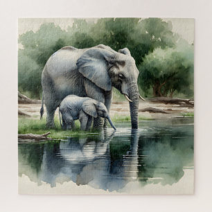 Waterverf illustratie van mama en Baby olifant Legpuzzel