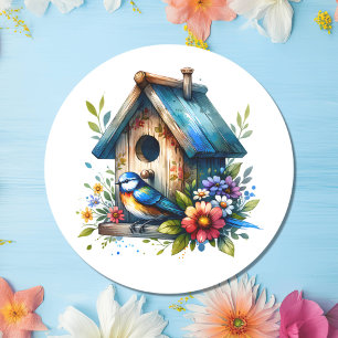Waterverf Illustratie van Vogelhuis en Vogel Ronde Sticker