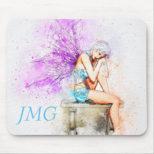 Waterverf in blauw met monogram muismat