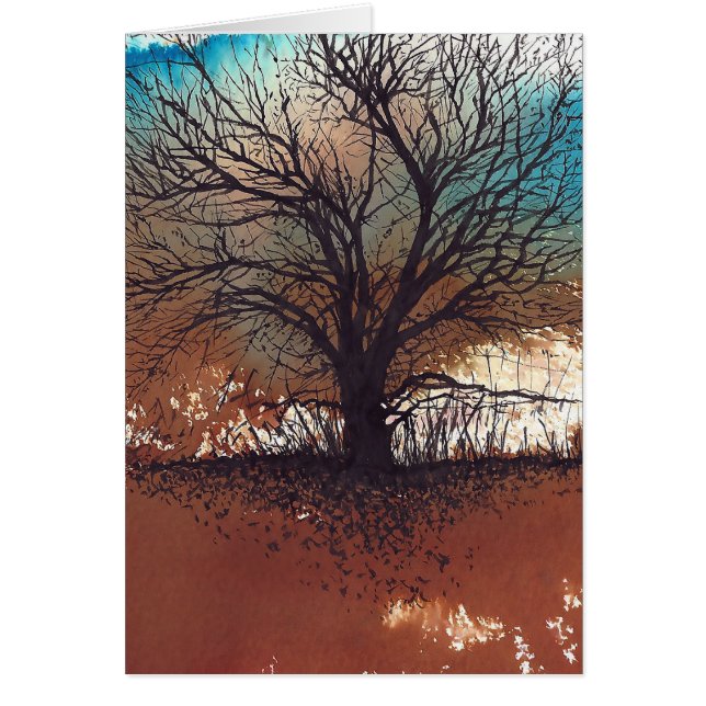 Waterverf Inked Tree Landscape Autumn Art (Voorkant)