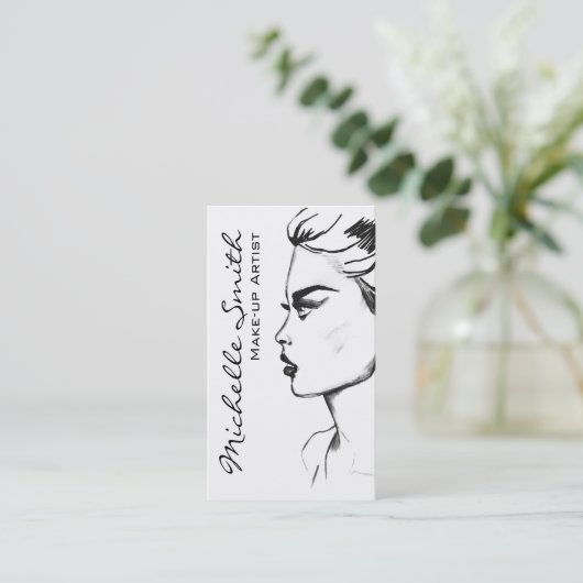 Waterverf inkt zwart-wit vrouwenmake-up visitekaartje (Staand voorkant)