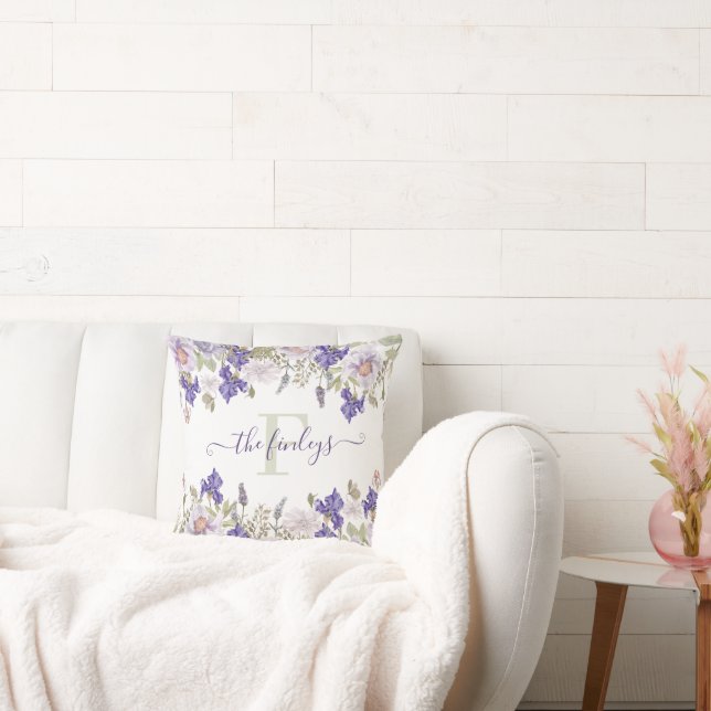Waterverf Iris Lavendel Kussen met Initialen (Bank)