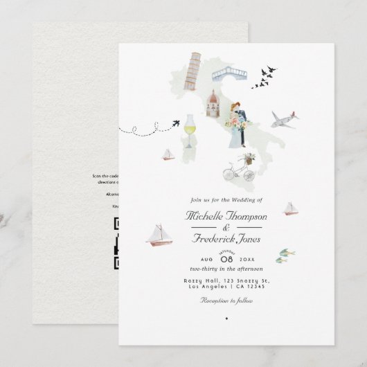 Waterverf Italiaanse QR-code bestemming huwelijk Kaart (Voorkant / Achterkant)