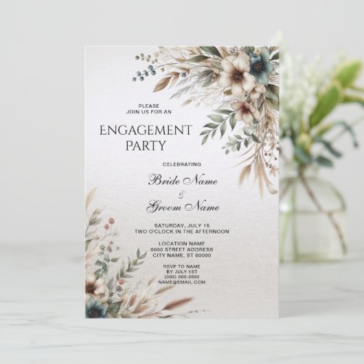 Waterverf Ivoor Blauw Bloem Verloving Uitnodiging (Staand voorkant)