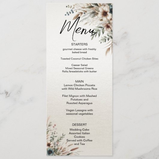 Waterverf Ivoor Blauw Bloemen Bruiloft Menu (Voorkant)