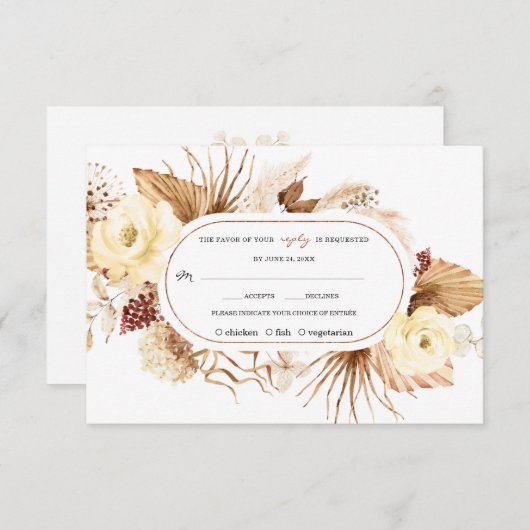 Waterverf Ivoor Bloemen Pampas Gras Verjaardag RSVP Kaartje (Voorkant / Achterkant)
