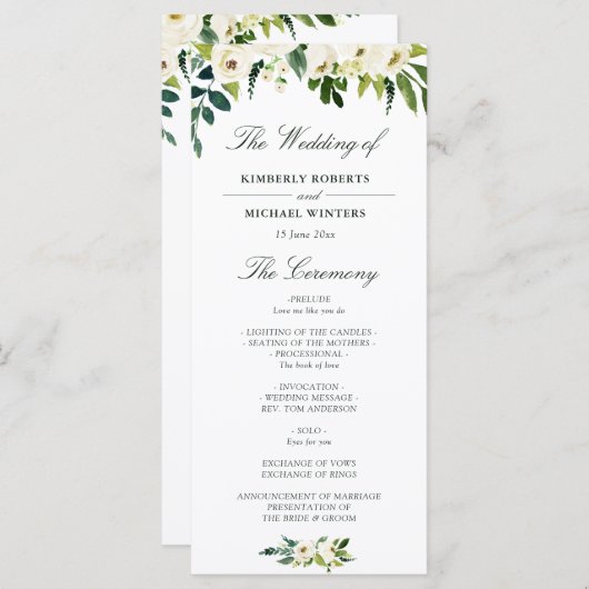 Waterverf ivoor wit bloemenbruiloft programma (Voorkant / Achterkant)