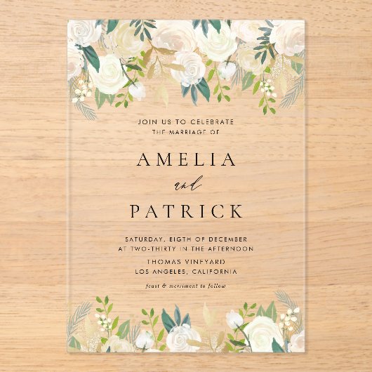 Waterverf Ivoorbloemen met groen bruiloft Acryl Uitnodigingen (Voorkant)