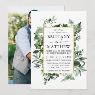 Waterverf Ivy Ferns Sage Foto Gold Wedding Kaart