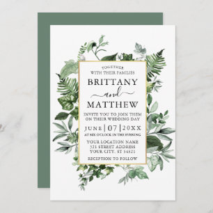 Waterverf Ivy Ferns Sage Green Gold Wedding Kaart