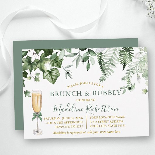Waterverf Ivy Varen Sage Groen Goud Bridal Brunch Kaart