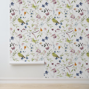 Waterverf Japans White-Eye Wildflower Vlinder Behang