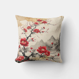 Waterverf Japanse Bloesem rood Kussen