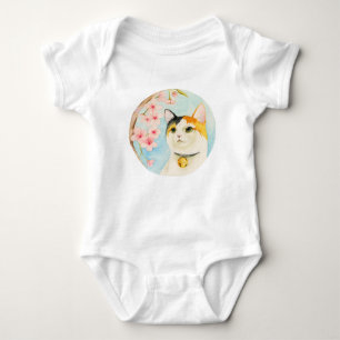 Waterverf Japanse Calico Cat en Cherry Blossom Romper