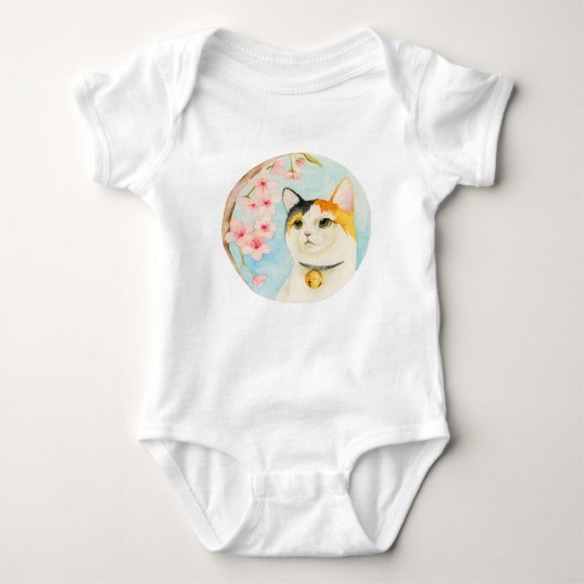 Waterverf Japanse Calico Cat en Cherry Blossom Romper (Voorkant)
