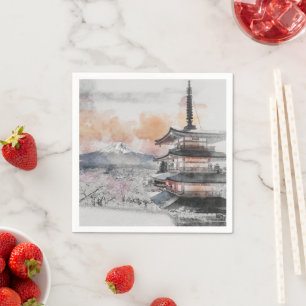 Waterverf Japanse Pagode & Mount Fuji Schilderacht Servet