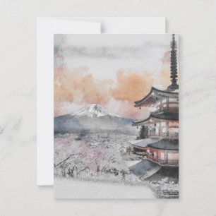 Waterverf Japanse Pagode & Mt. Fuji Briefkaart
