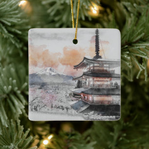 Waterverf Japanse Pagode & Mt. Fuji Papieren Borde Keramisch Ornament