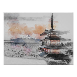 Waterverf Japanse Pagode & Mt. Fuji Perfect Poster