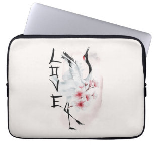 Waterverf Japanse Sakura Blossom Love Crane Laptop Sleeve