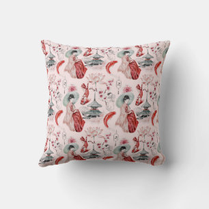 Waterverf Japanse vrouw Pagoda Lotus Koi Fish Kussen